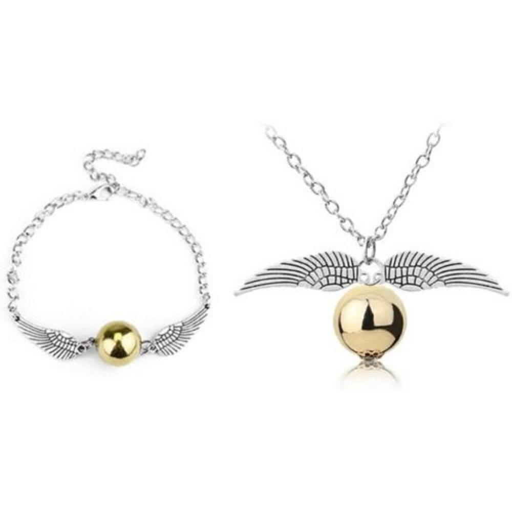 Wizard Potter Golden Snitch Inspired Silver Necklace and Bracelet Set